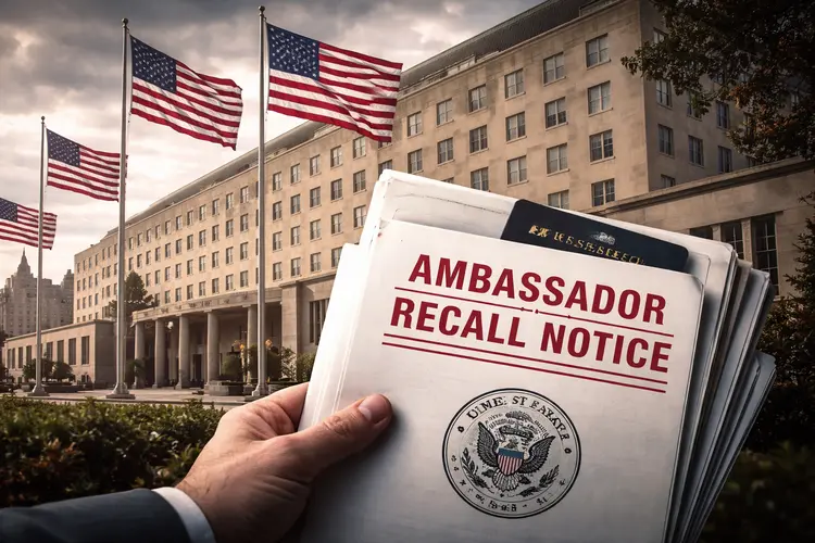 U.S. State Department building with American flags as a diplomat holds official ambassador recall documents, symbolizing changes to U.S. foreign policy and diplomatic leadership.