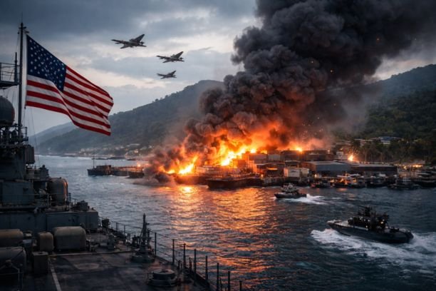 U.S. military presence near Venezuela as smoke rises from a coastal dock facility following a reported strike, highlighting rising regional tensions.