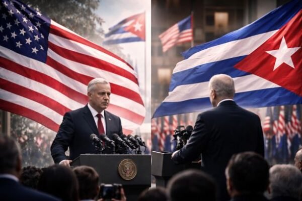 U.S. and Cuban flags facing each other during a tense diplomatic moment, showing leaders at podiums symbolizing rising tensions and stalled relations between the United States and Cuba in 2026.