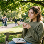 Peaceful moment in nature helping a woman cope with mental breakdown symptoms and support emotional well-being.