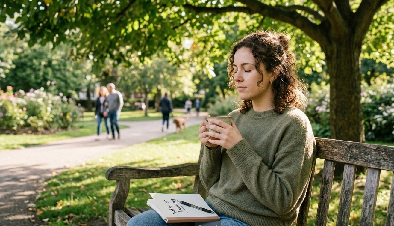 Peaceful moment in nature helping a woman cope with mental breakdown symptoms and support emotional well-being.