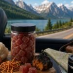 Jar of mushroom gummies on a car dashboard with natural mushrooms, travel essentials, and a scenic mountain road view in the background.