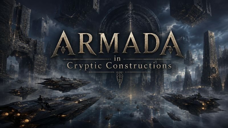 A cinematic sci-fi scene featuring a massive futuristic armada flying through a dark, mysterious city of towering cryptic structures, with the title “ARMADA in Cryptic Constructions” displayed in large metallic lettering.