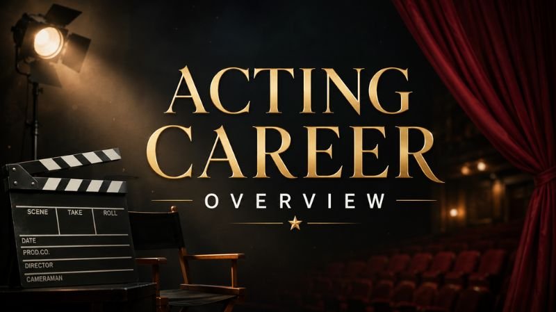 Cinematic acting career overview banner featuring golden typography, a film clapperboard, director’s chair, stage curtains, and dramatic spotlight lighting inside a theater setting.