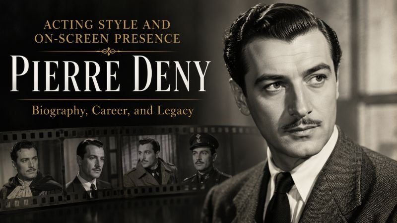 Vintage-style cinematic banner featuring actor Pierre Deny in a dramatic black-and-white portrait alongside smaller film stills, highlighting his acting style and on-screen presence.