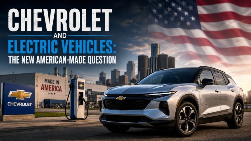 A silver Chevrolet electric SUV parked beside a charging station in front of an American factory and city skyline, with a large U.S. flag in the background and bold headline text about American-made electric vehicles.