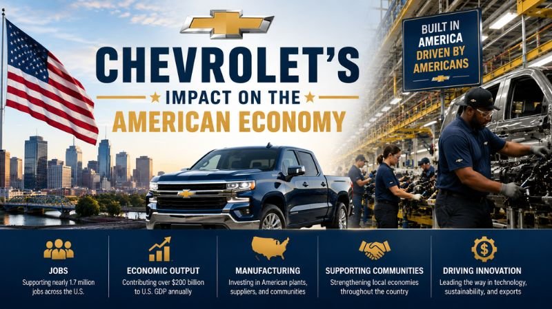 Infographic showing Chevrolet’s influence on the American economy with a blue Chevrolet pickup truck, American flag, city skyline, and factory workers assembling vehicles in a manufacturing plant.