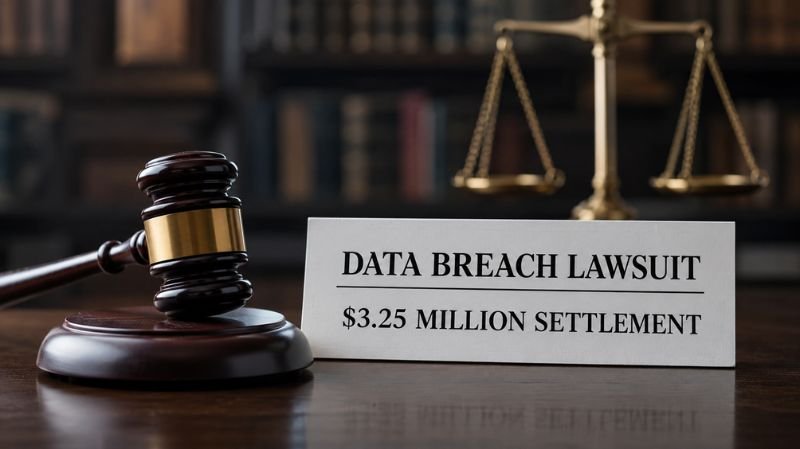 A realistic courtroom-style image featuring a wooden judge’s gavel beside a sign reading “Data Breach Lawsuit — $3.25 Million Settlement,” with blurred scales of justice in the background.