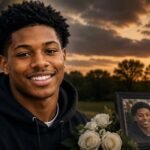 Memorial-style image featuring a smiling young football player at sunset with candles, white roses, and a framed portrait symbolizing remembrance and legacy.
