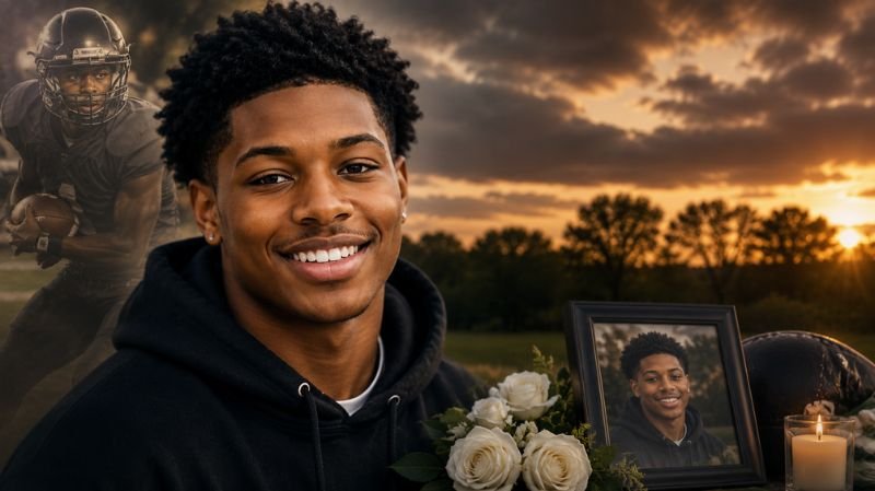 Memorial-style image featuring a smiling young football player at sunset with candles, white roses, and a framed portrait symbolizing remembrance and legacy.