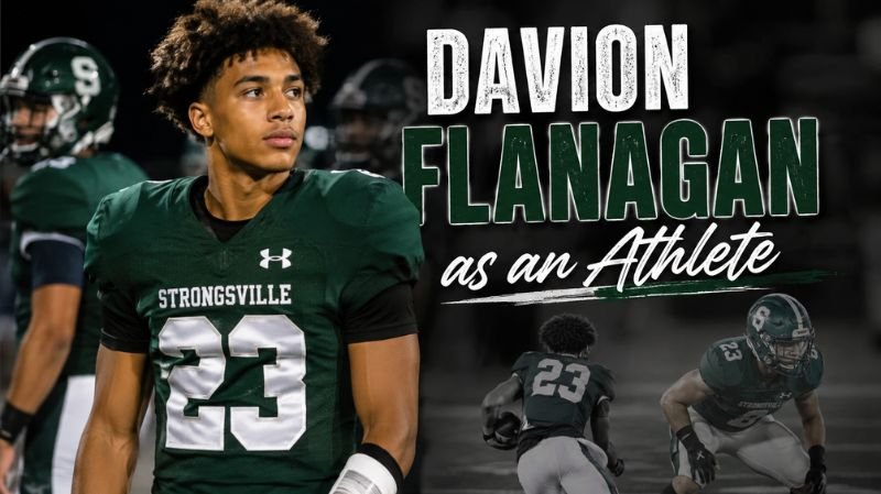 High school football-themed tribute image showing Davion Flanagan in a Strongsville jersey with action shots highlighting his athletic career.