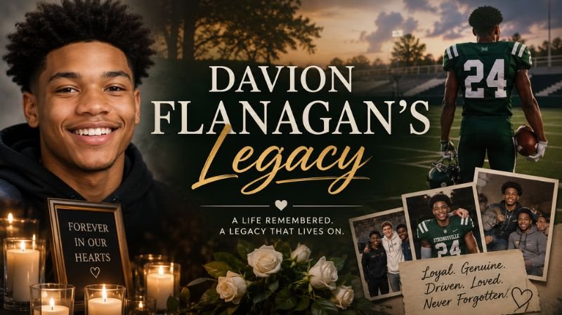 Memorial-style tribute image for Davion Flanagan featuring a smiling portrait, football imagery, candles, roses, and personal photos symbolizing his legacy and remembrance.