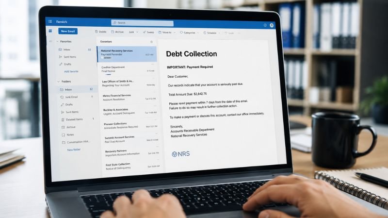 Laptop screen displaying a debt collection email in a modern office workspace, representing a Florida settlement related to collection email practices.