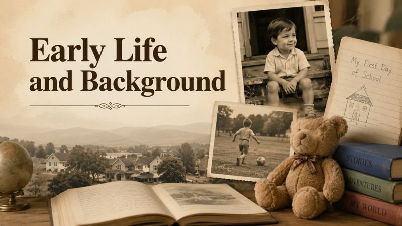 A sepia-toned vintage collage featuring childhood photographs, a teddy bear, books, and nostalgic school memories alongside the title “Early Life and Background.