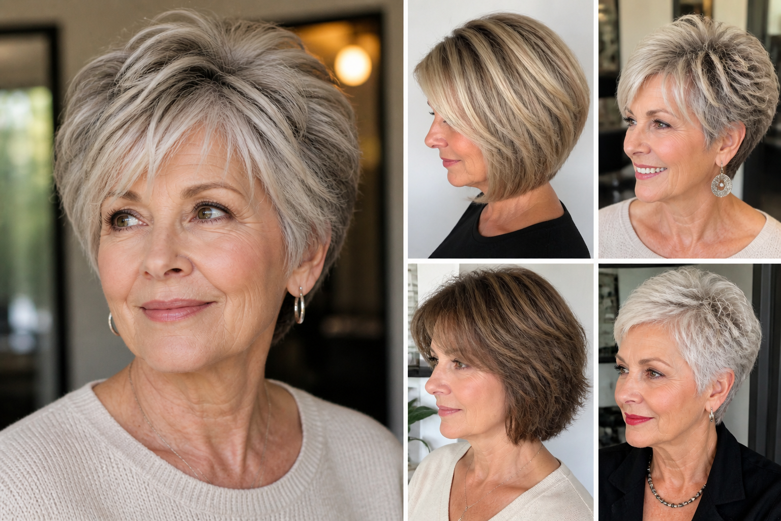 Collage of women over 60 with fine hair featuring volumizing hairstyles including pixie cuts, layered bobs, and short textured haircuts