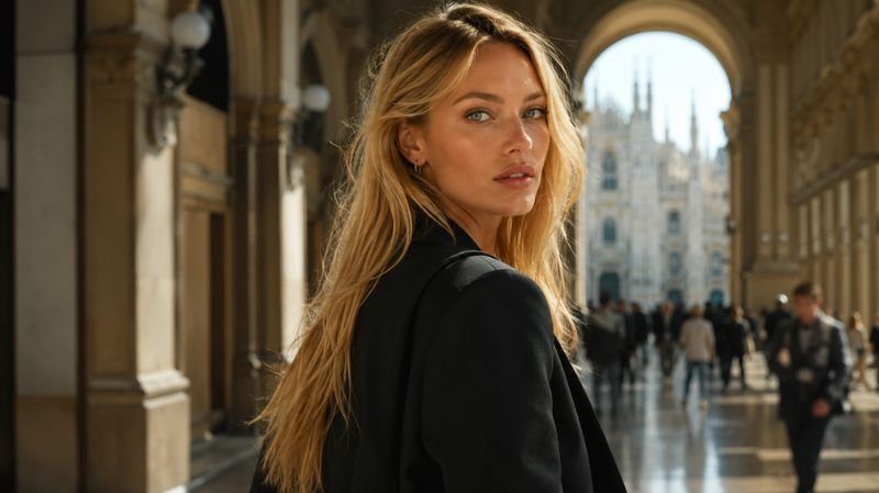 Ultra-realistic fashion-inspired portrait of a blonde supermodel standing inside a grand Milan arcade with elegant European architecture and soft sunlight in the background.