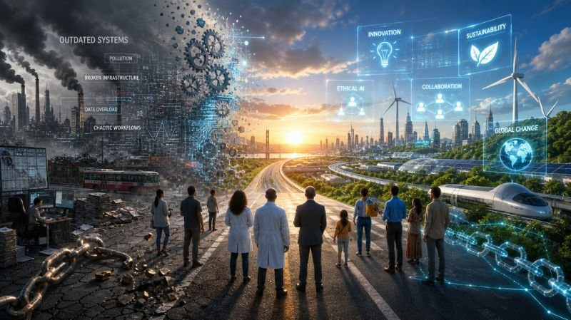 A diverse group of people stands at a crossroads between a polluted, broken industrial world and a clean, futuristic city powered by renewable energy and advanced technology.
