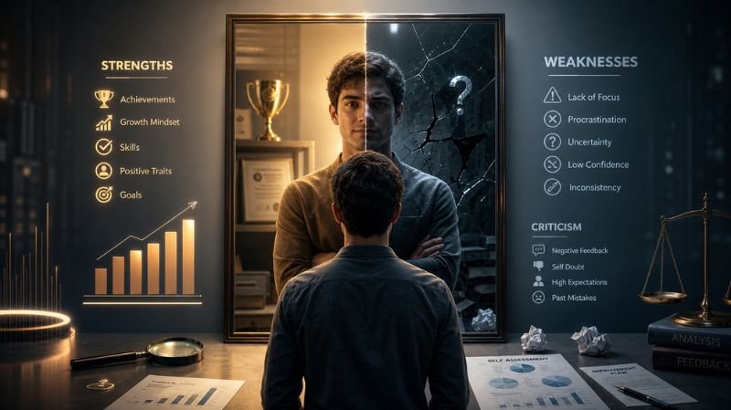 A person stands before a large mirror split into two contrasting halves—one bright side highlighting strengths with trophies and growth symbols, and the other darker side revealing weaknesses through cracks, warning icons, and scattered papers, symbolizing honest self-assessment.