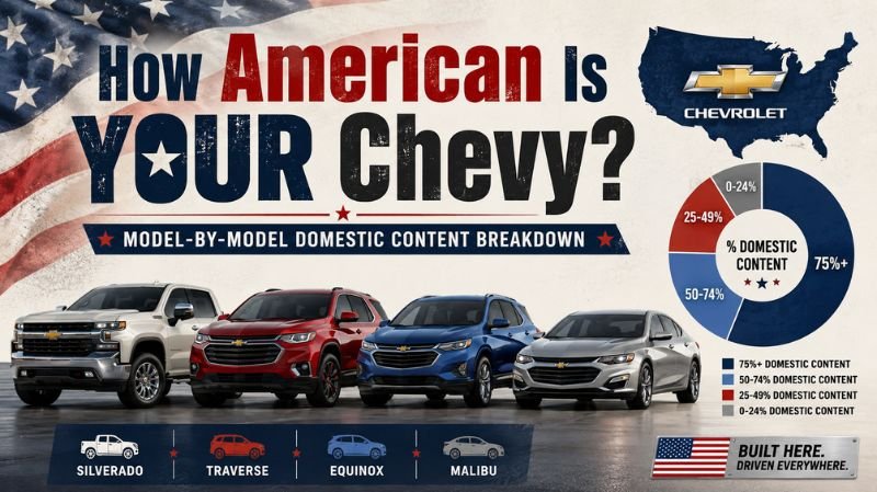 Infographic-style banner featuring multiple Chevrolet vehicles with an American flag background, highlighting domestic content percentages and a model-by-model breakdown of how American-made different Chevy models are.