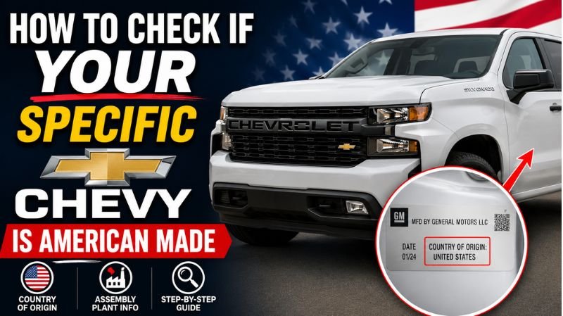 White Chevrolet Silverado truck with an American flag background and bold text explaining how to check if a specific Chevy vehicle is American made using the country of origin label.