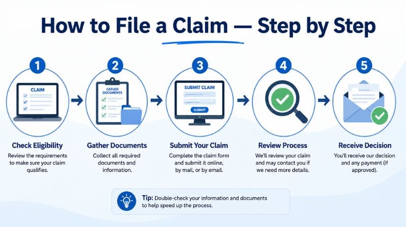 Step-by-step infographic explaining how to file a claim, including checking eligibility, gathering documents, submitting the claim, review process, and receiving a decision.