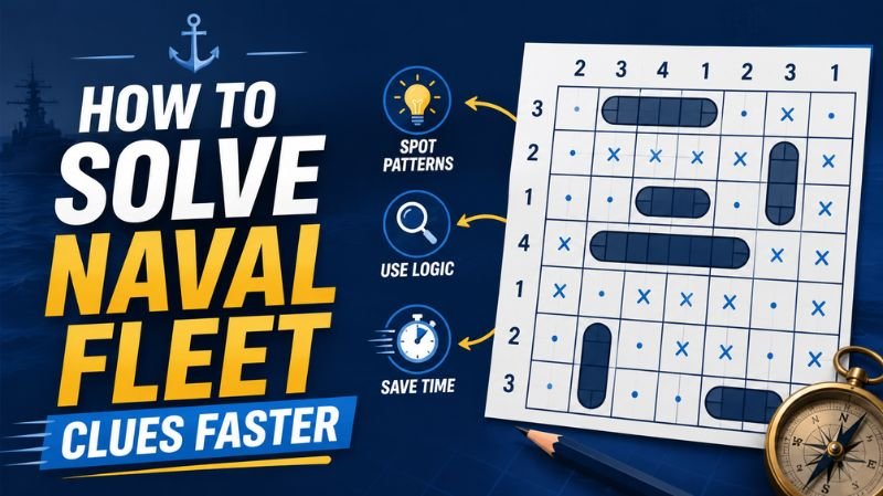 Illustrated naval puzzle-solving guide featuring a battleship-style logic grid, fleet ships, compass, and strategy icons with the headline “How to Solve Naval Fleet Clues Faster.”