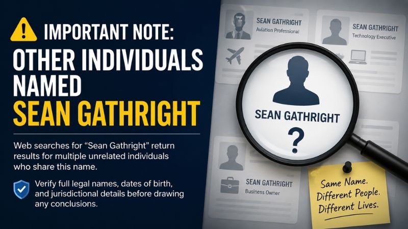 Illustration showing a magnifying glass over multiple profiles with the name Sean Gathright, emphasizing that several unrelated individuals share the same name.
