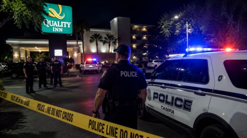 Police officers secure the scene outside a Tampa hotel at night following the July 2024 shooting connected to the Julio Foolio murder investigation.