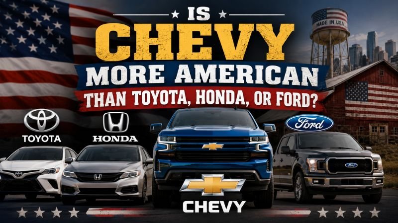 A patriotic-themed comparison graphic featuring a blue Chevy pickup truck centered between Toyota, Honda, and Ford vehicles, with large bold text asking, “Is Chevy More American Than Toyota, Honda, or Ford?” against a backdrop of the American flag, a barn, and a city skyline.