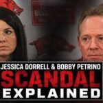 Jessica Dorrell and Bobby Petrino featured in a dramatic Arkansas football scandal thumbnail with bold “Scandal Explained”