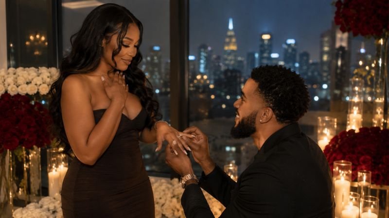Jordyn Woods and Karl-Anthony Towns share a romantic engagement moment in a candlelit room overlooking a glowing city skyline, surrounded by red and white roses as he places a ring on her finger.