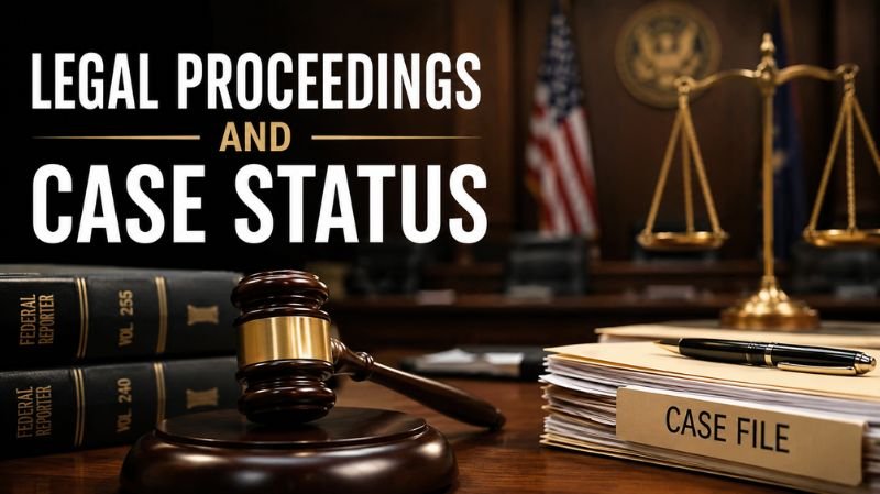 Courtroom-themed image featuring a judge’s gavel, legal case files, and scales of justice representing ongoing legal proceedings and case status.