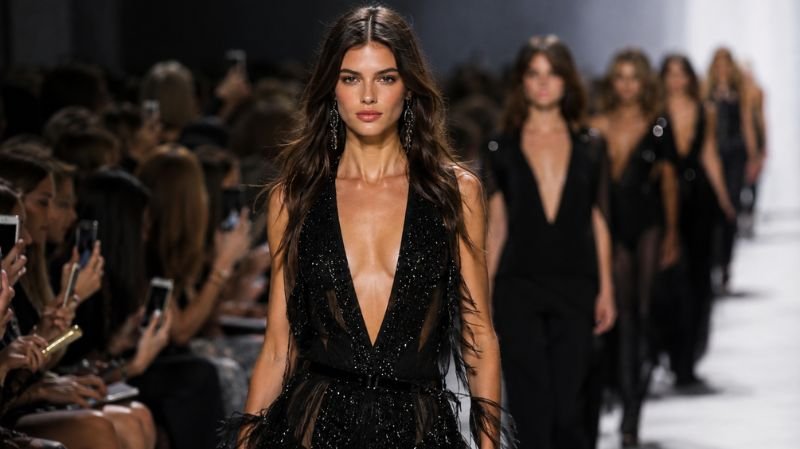 A glamorous fashion model walks confidently down a luxury runway in a sparkling black designer gown while photographers and an audience capture the moment during a high-end fashion show.
