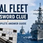 Illustration of naval warships sailing across the ocean beside a crossword puzzle grid with the words “Naval Fleet Crossword Clue” and “The Complete Answer Guide” displayed in bold typography.