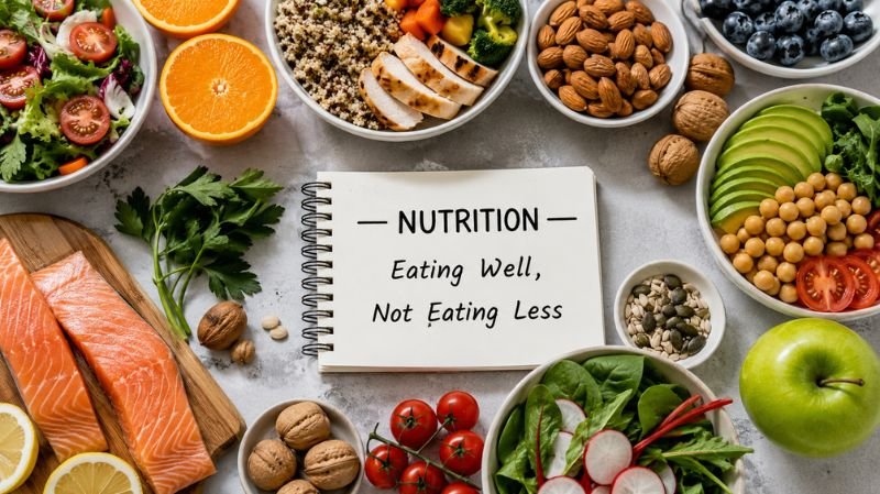 A top-down view of a healthy nutrition-themed setup featuring fresh salmon, salads, avocado, quinoa, nuts, seeds, fruits, and vegetables arranged around a notebook displaying the phrase “Nutrition — Eating Well, Not Eating Less.