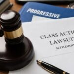 Wooden judge gavel beside class action lawsuit settlement documents and a Progressive insurance folder on an office desk.