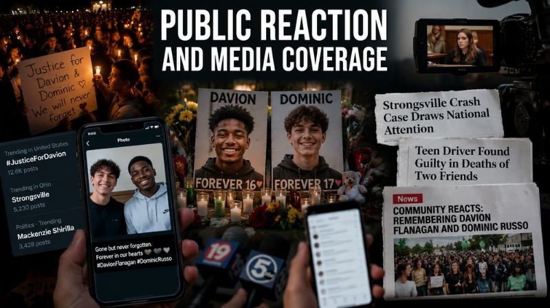 Collage-style image showing public reaction and media coverage surrounding the Strongsville crash case, including candlelight vigils, memorial photos of Davion Flanagan and Dominic Russo, social media tributes, news headlines, and television cameras.