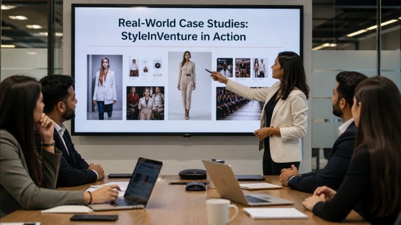 A professional business presentation showing fashion case studies on a large screen, with a team analyzing digital style branding strategies in a modern office.