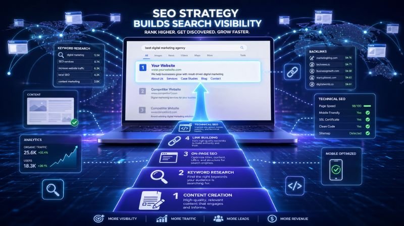 Ultra-realistic digital marketing scene showing a glowing laptop with a search engine results page (SERP) where a website ranks #1, surrounded by SEO elements like keywords, backlinks, analytics graphs, and technical optimization icons, with a step-by-step pathway illustrating SEO strategy growth.