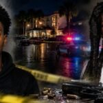 Composite crime-scene style image featuring two men, police vehicles with flashing lights, crime scene tape, and a hotel parking lot at night connected to the Julio Foolio murder case.