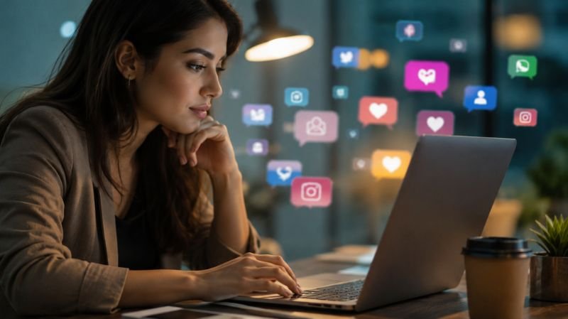 A young professional woman working on a laptop in a modern office at night, surrounded by glowing social media and engagement icons, symbolizing digital branding, online influence, and social media earnings.