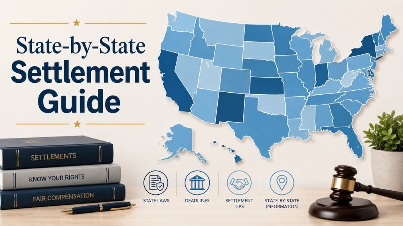 Illustration of a U.S. map with legal books, a judge’s gavel, and settlement-related icons representing a state-by-state legal settlement guide.