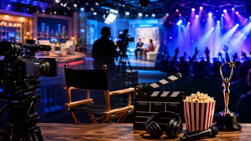 Professional television and entertainment production scene featuring studio cameras, a director’s chair, clapperboard, microphone, headphones, popcorn, and an award trophy with colorful stage lighting and a live audience backdrop.