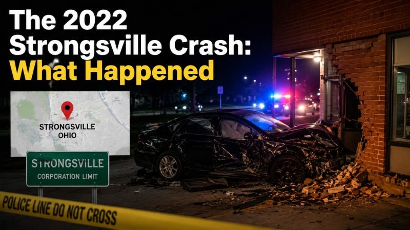 Nighttime crash scene in Strongsville, Ohio, showing a heavily damaged black car lodged into a brick building with police lights flashing in the background and bold headline text reading “The 2022 Strongsville Crash: What Happened.