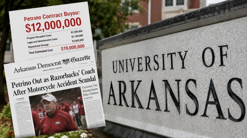 University of Arkansas campus sign beside financial documents and newspaper headlines illustrating the financial fallout of the Bobby Petrino scandal.
