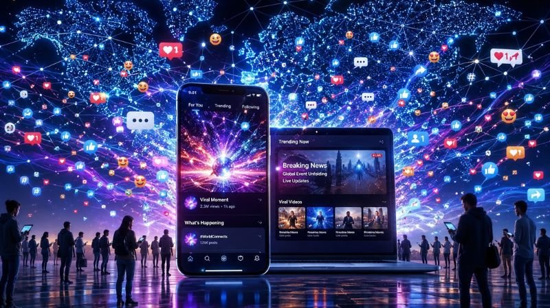 A futuristic digital scene showing a smartphone and laptop displaying trending content, with social media icons, likes, shares, and emojis spreading across a connected global network of people.