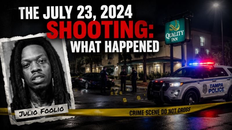 Crime scene outside a Tampa Quality Inn hotel following the July 23, 2024 shooting involving rapper Julio Foolio, with police vehicles and investigators present.