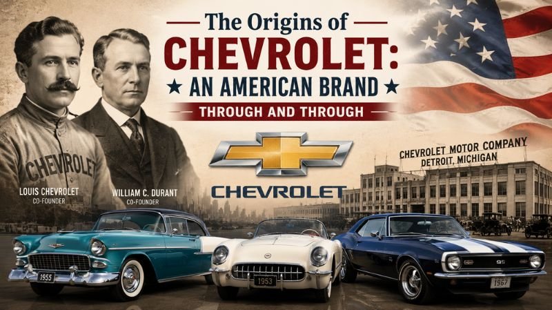 Vintage-style illustration showcasing the origins of Chevrolet with classic Chevy cars, founders Louis Chevrolet and William C. Durant, and an American flag background.