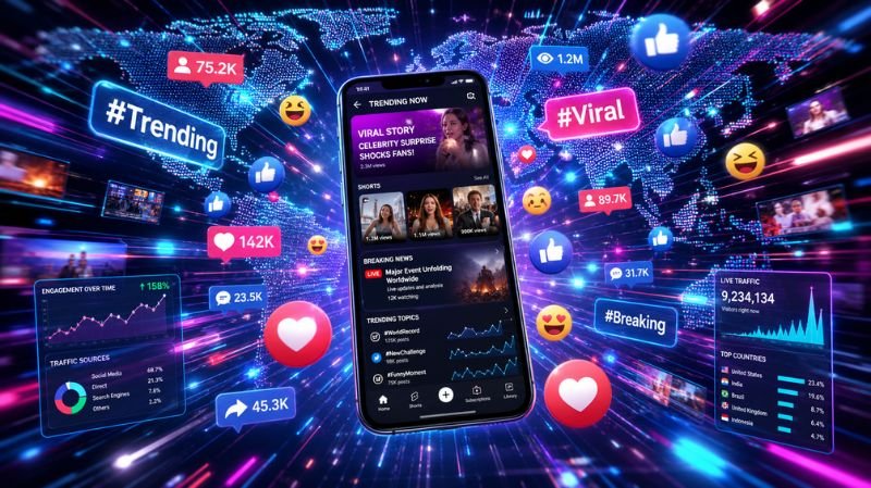 Smartphone displaying trending viral content surrounded by floating social media icons, hashtags, emojis, and analytics charts with a glowing global network background.