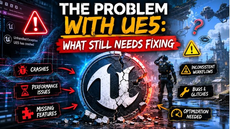 A dramatic Unreal Engine 5 themed thumbnail showing a cracked UE5 logo, warning signs, glitches, and performance issue icons with bold text reading “The Problem with UE5: What Still Needs Fixing.”
